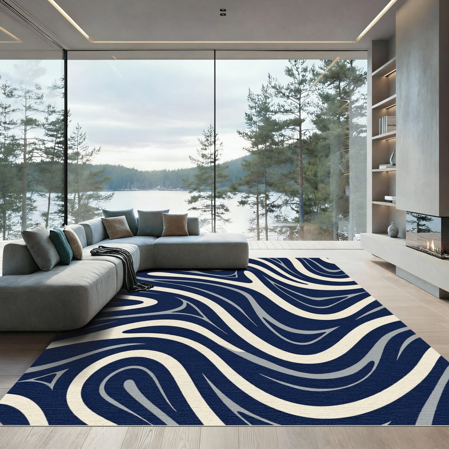 Deep Blue Ivory Swirling Lines Rug