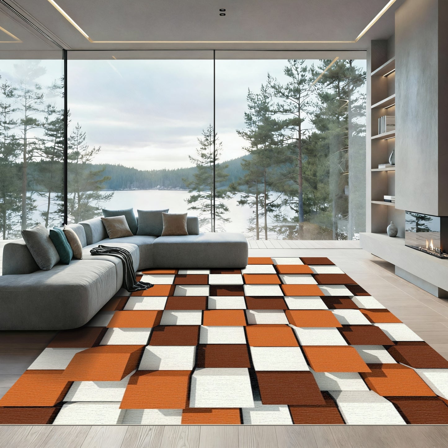 Brown White Orange Cube Tesselation Rug