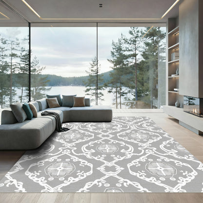 Ornate Gray White Medallion Lattice Rug