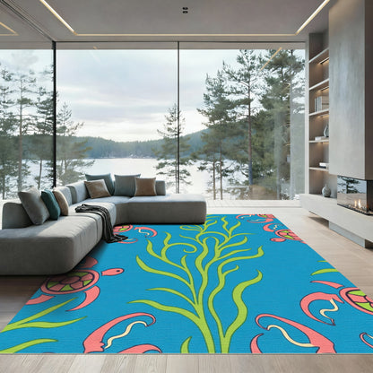 Coral Turtle Seaweed Blue Rug