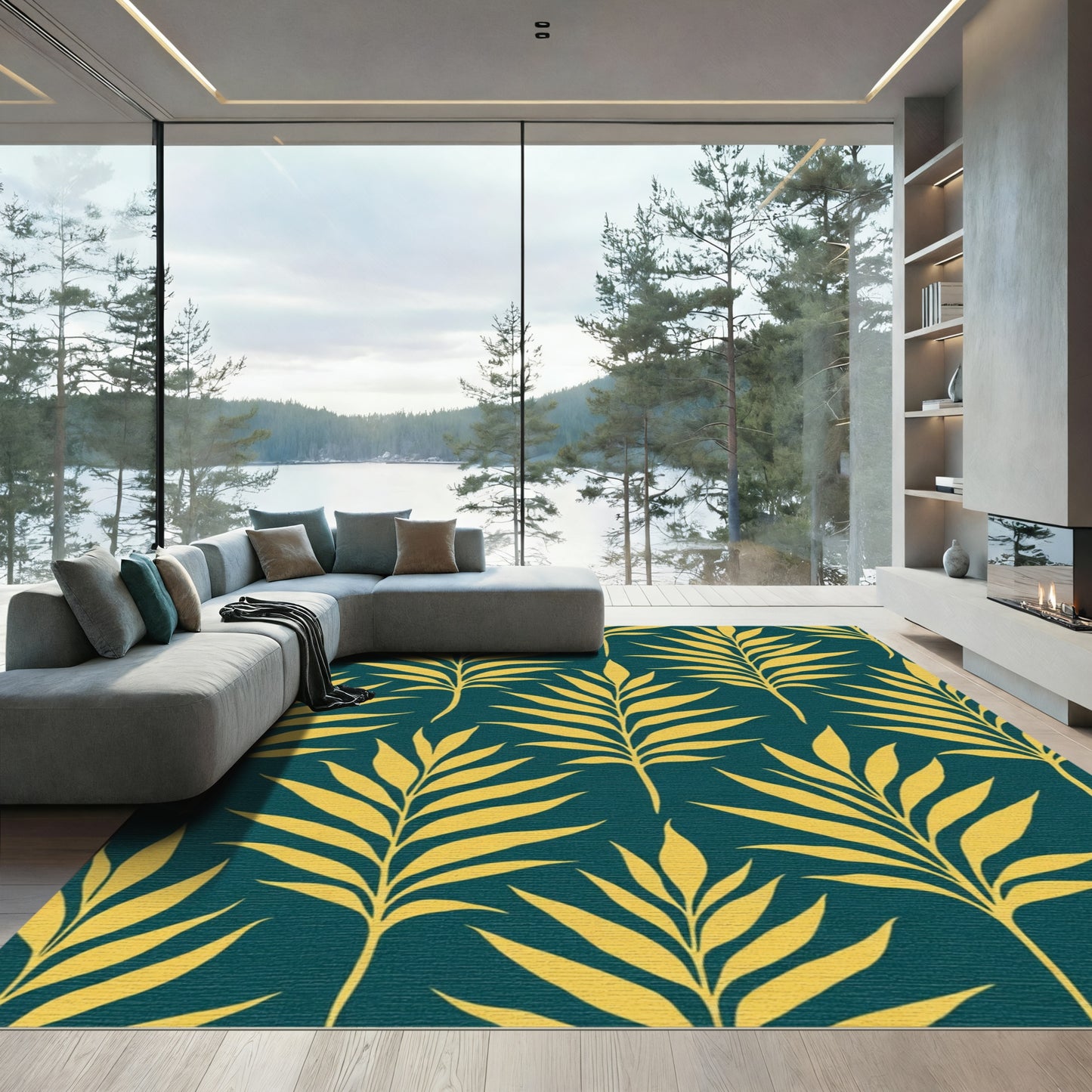 Golden Palm Frond Teal Rug
