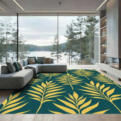 Golden Palm Frond Teal Rug