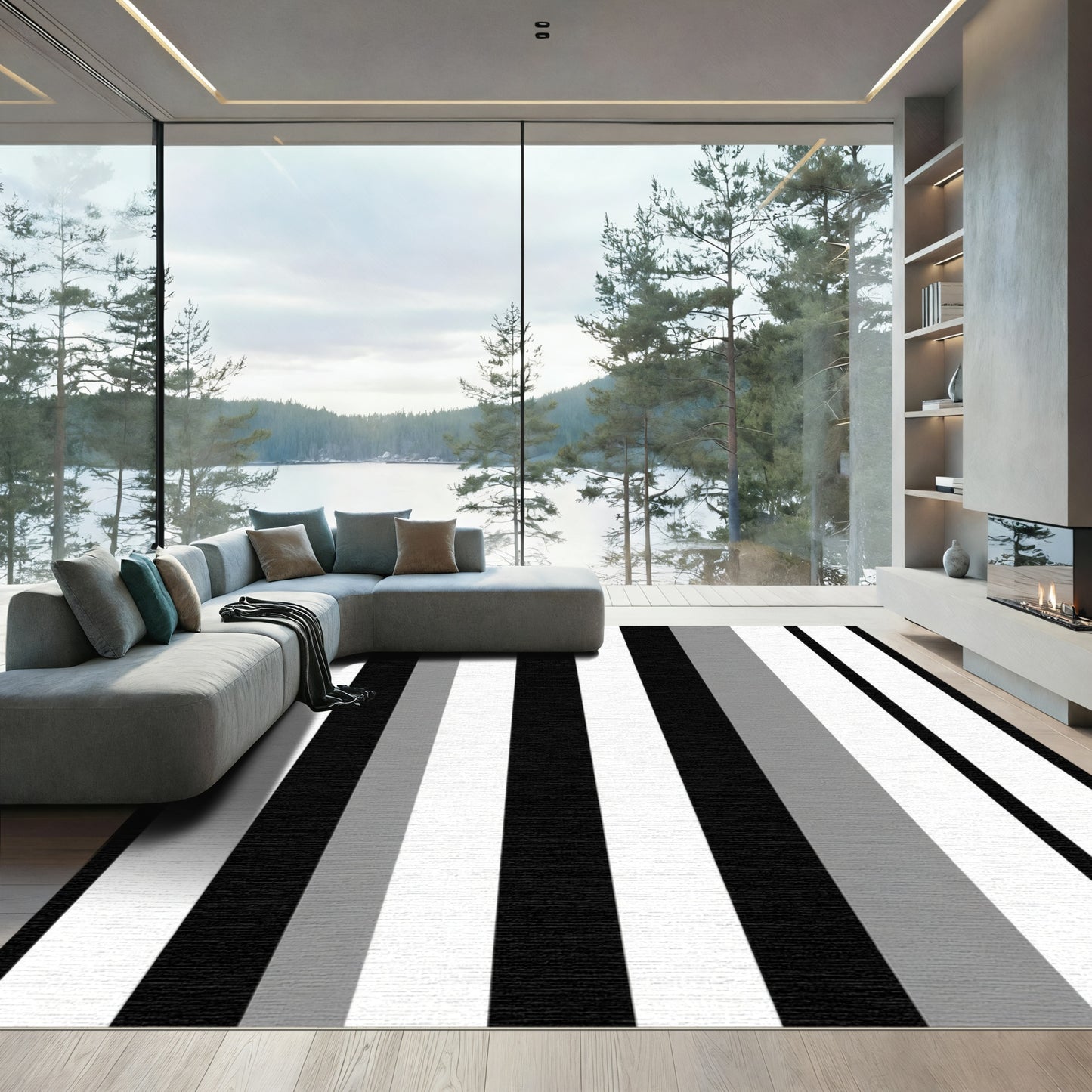 Bold Black White Gray Stripe Rug