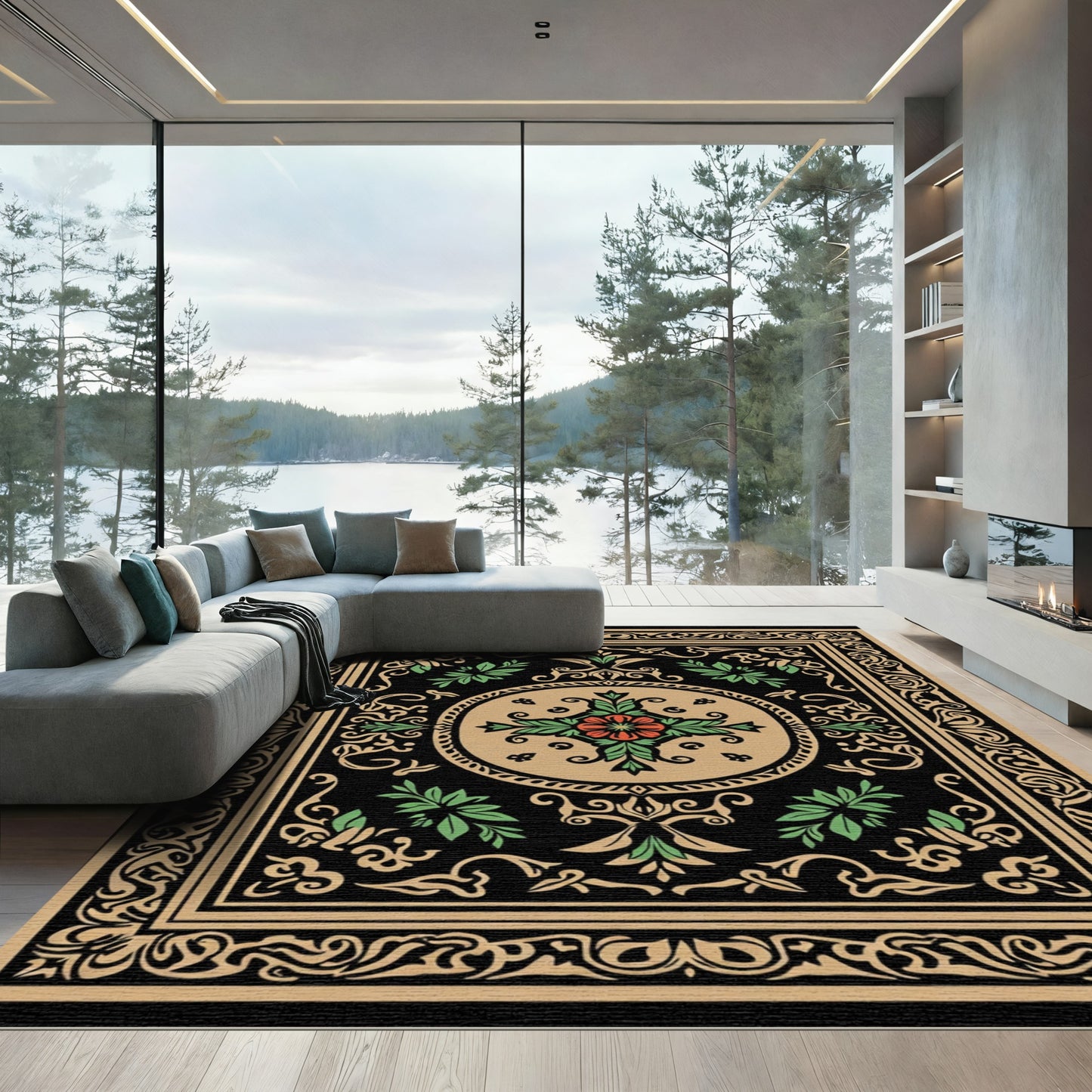 Black Floral Red Medallion Tan Border Rug