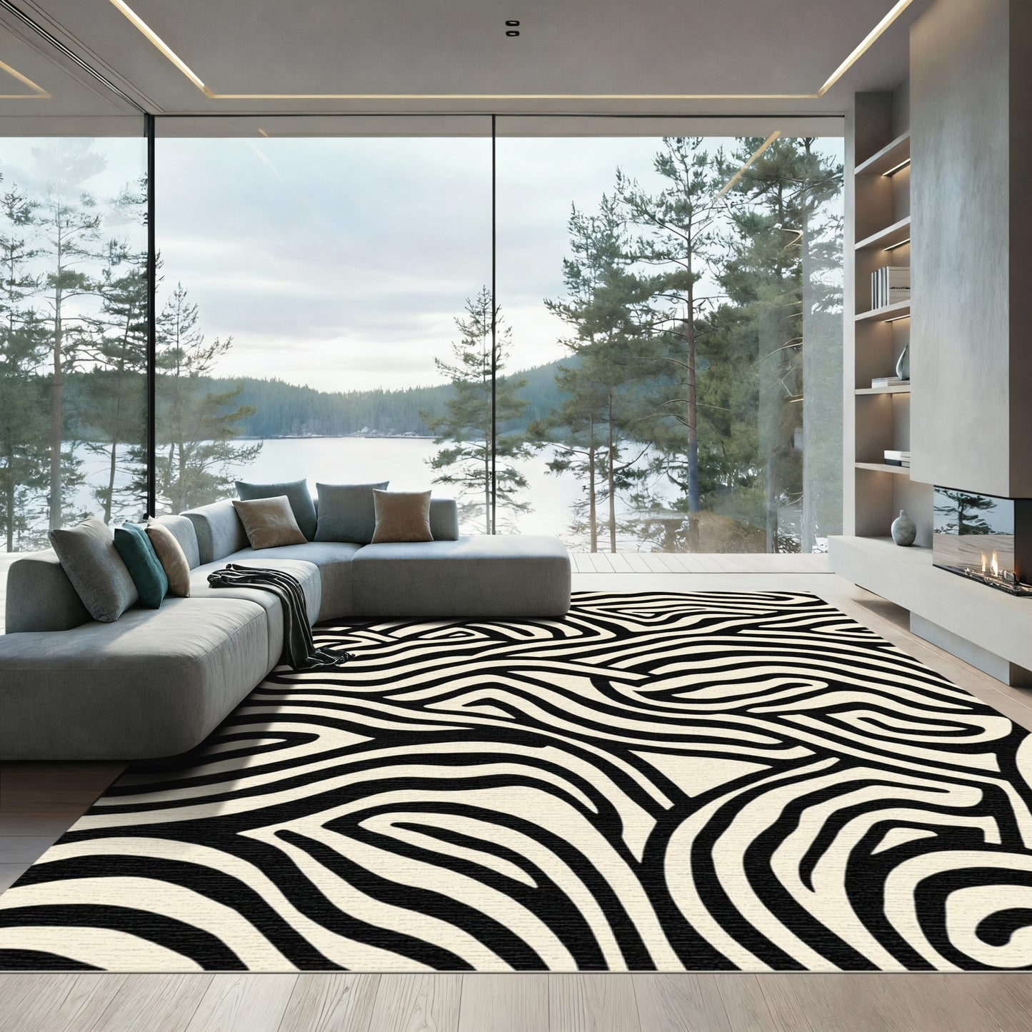 Black Cream Abstract Zebra Ribbons Rug