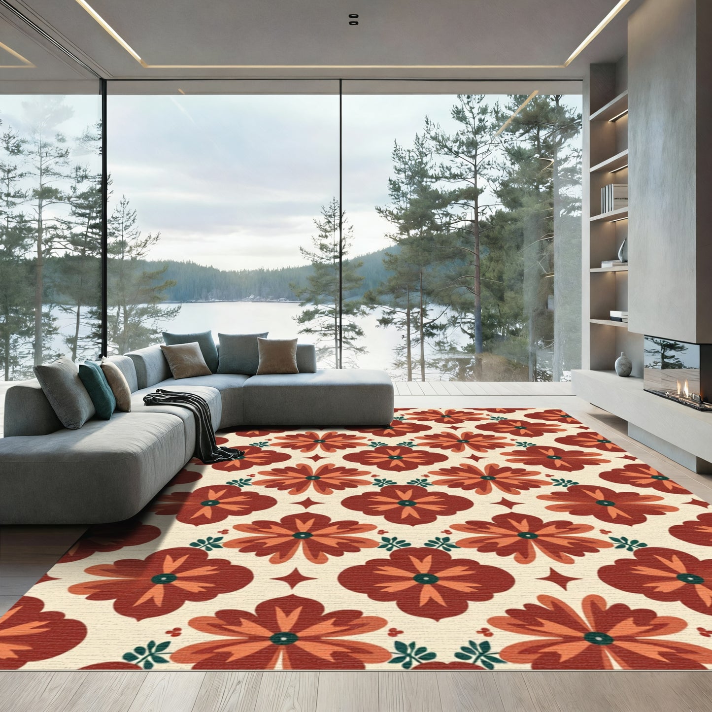 Mid Century Terracotta Floral Medallion Rug