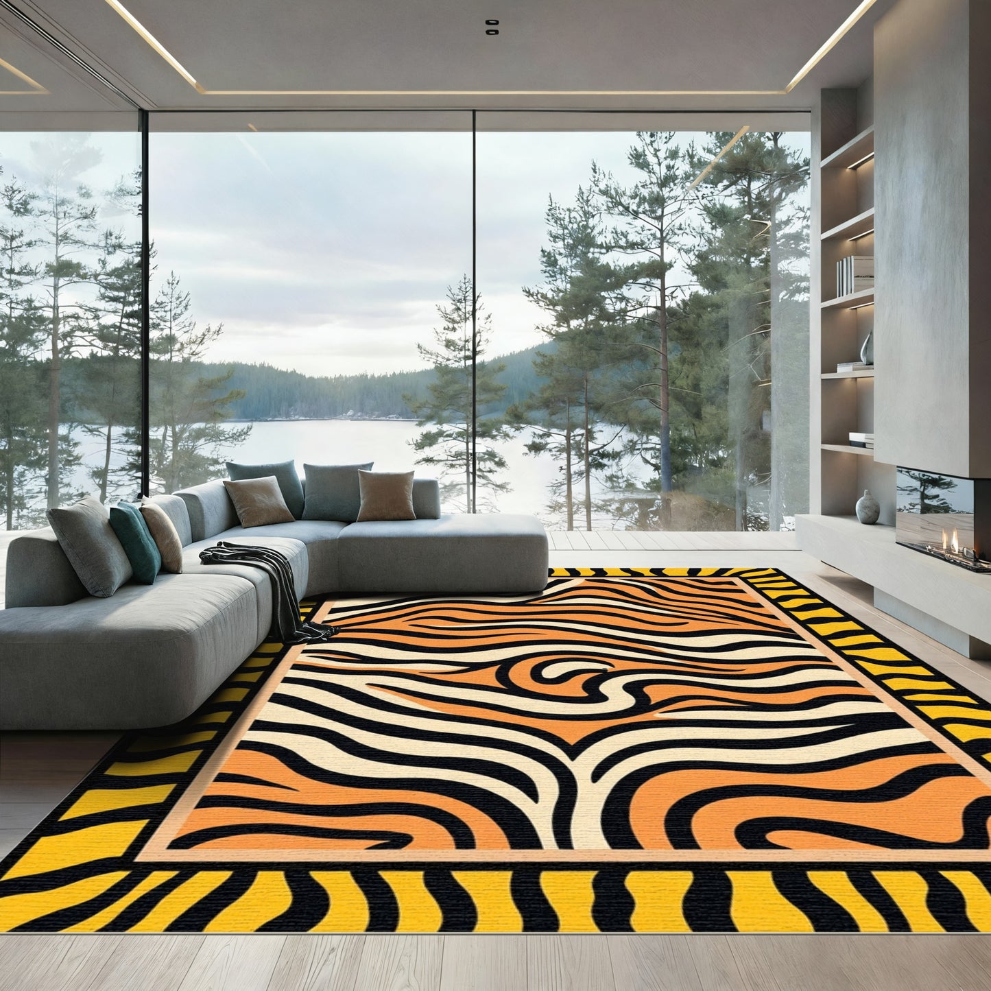Wild Animalistic Orange Black Strokes Rug