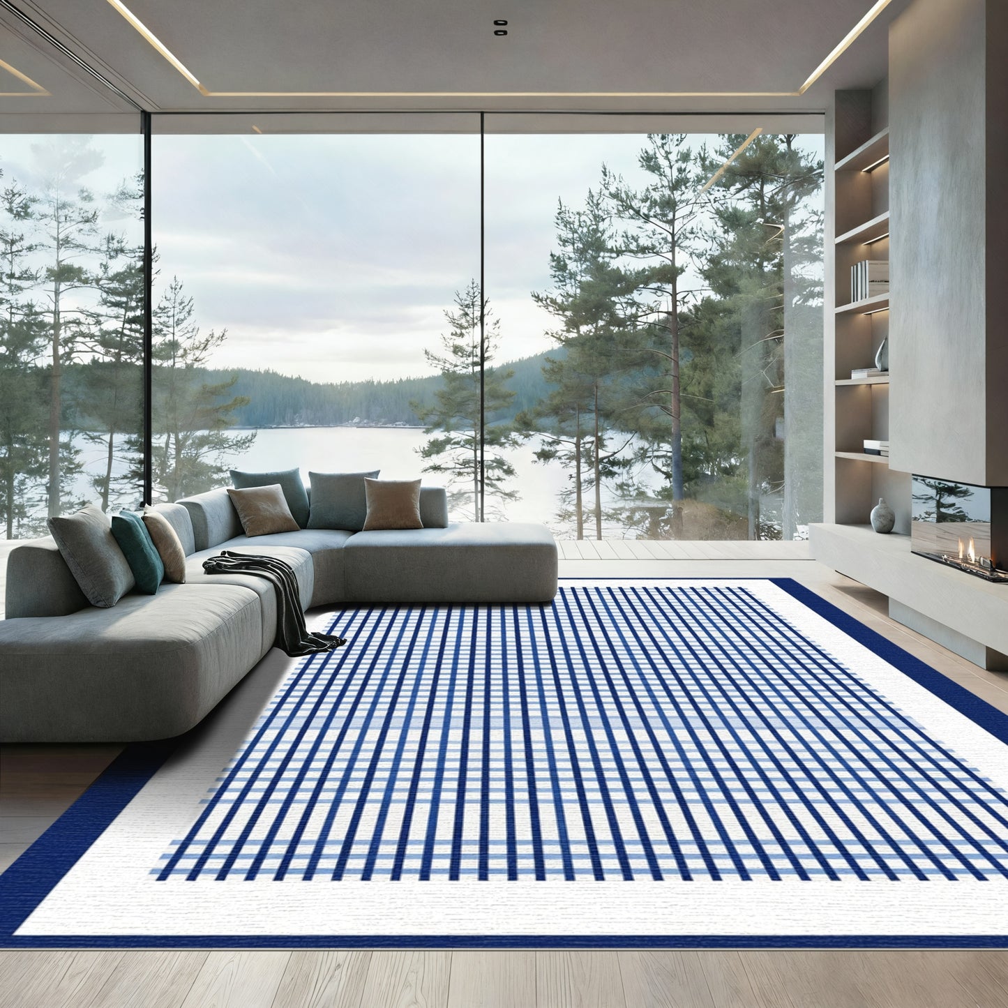 Classic Navy Blue Gingham Weave Rug