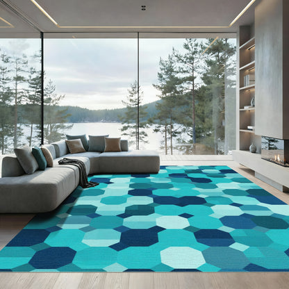 Oceanic Teal Octagon Geometric Rug