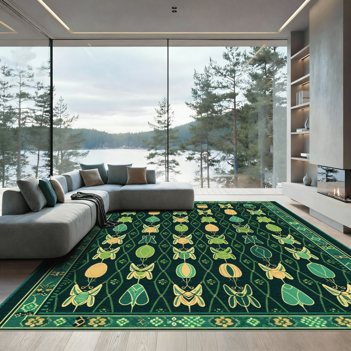 Deep Emerald Beetle Floral Jacquard Rug