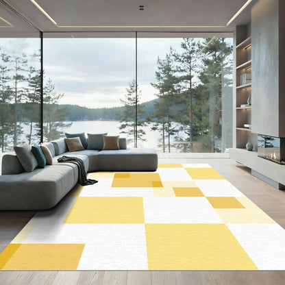 Golden Yellow Geometric Square Overlay Rug