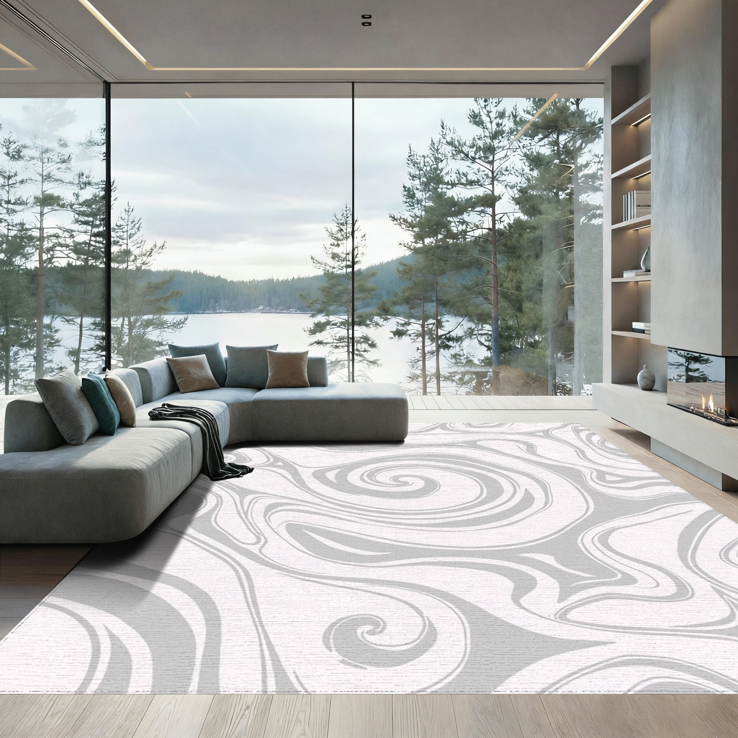 Abstract Gray Swirling Fluid Rug