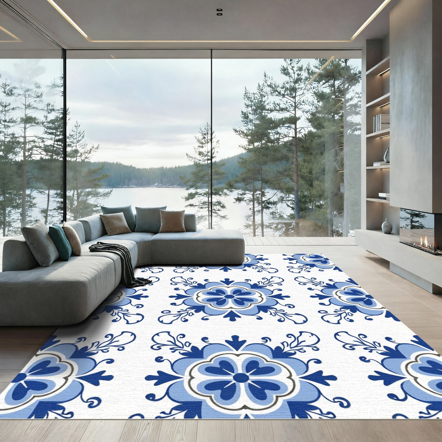 Blue White Floral Tile Composition Rug