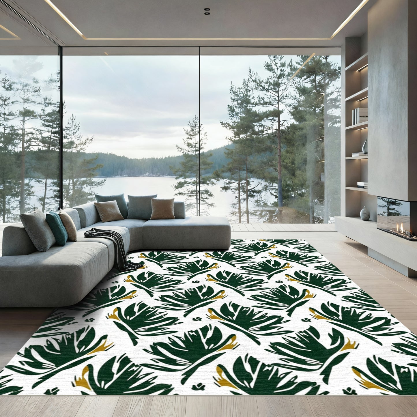 Dark Green Leafy Floral Swirl Rug