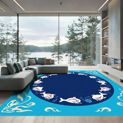 Whimsical White Fish Blue Circle Border Rug