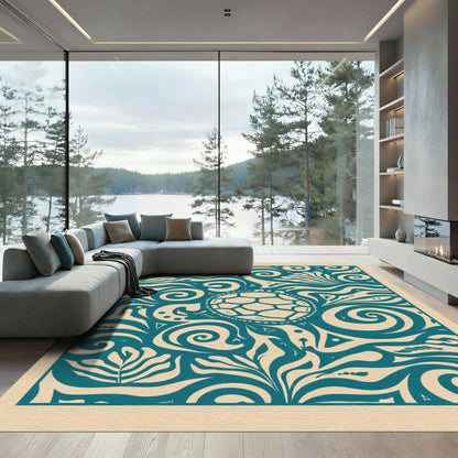 Teal Turtle Swirls Floral Artwork Rug