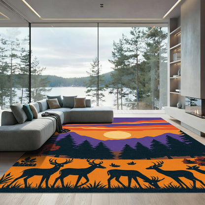 Crimson Purple Deer Sunset Landscape Rug