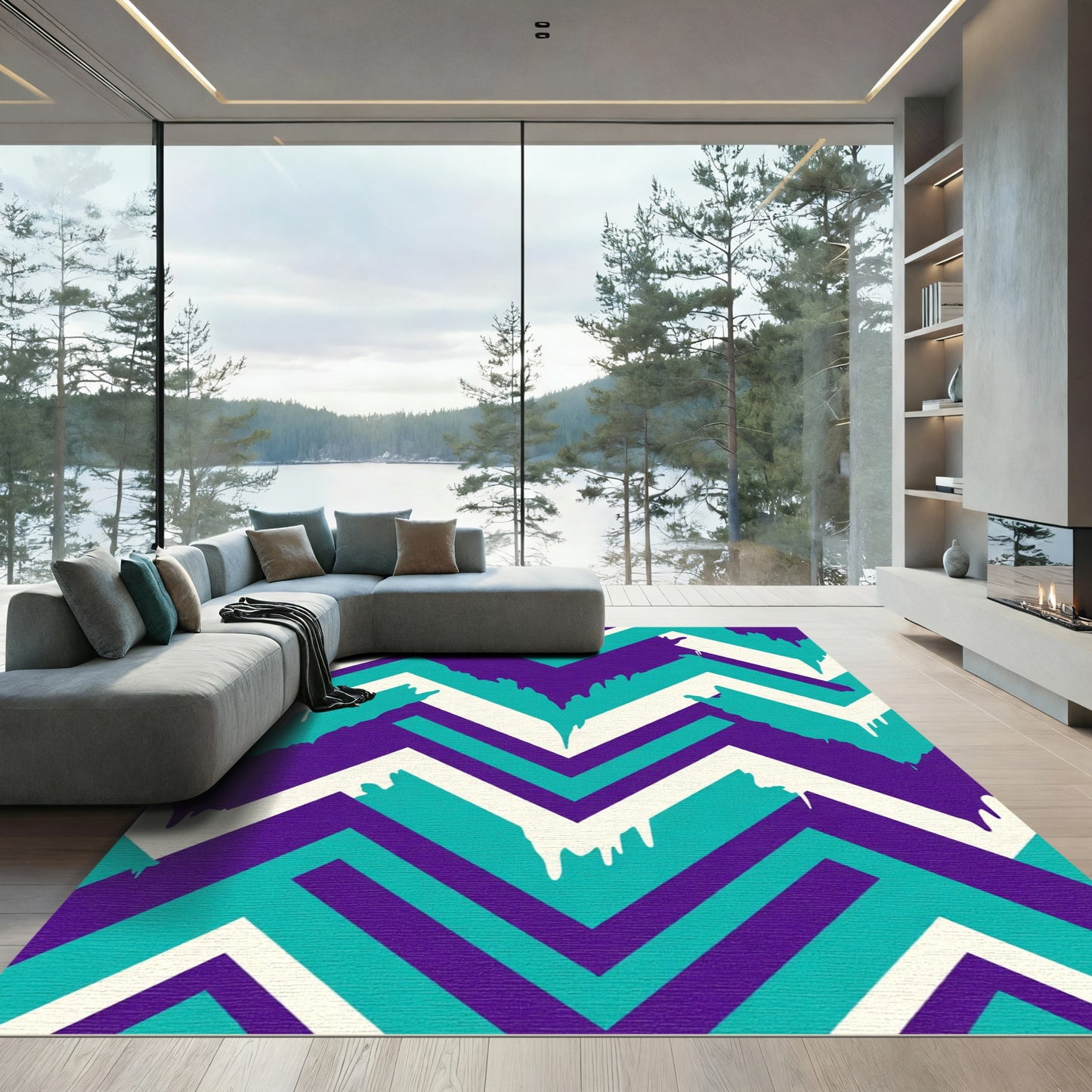 Teal Purple Cream Chevron Drip Rug