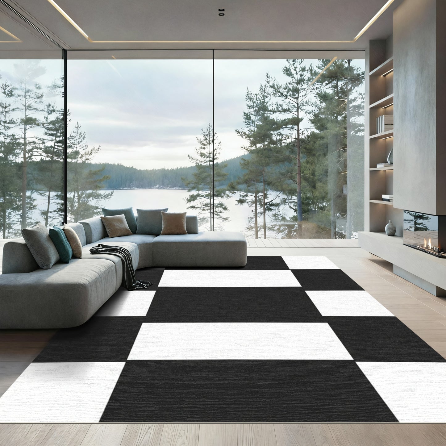 Bold Black White Geometric Blocks Rug