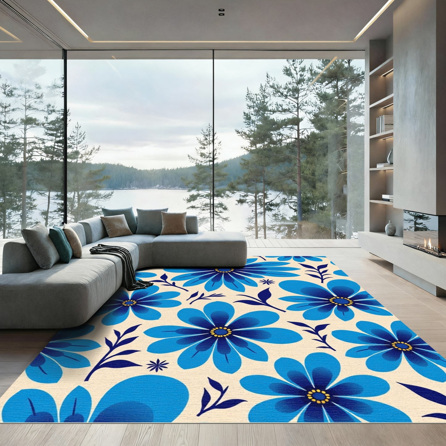 Bold Blue Daisy Garden Floral Rug