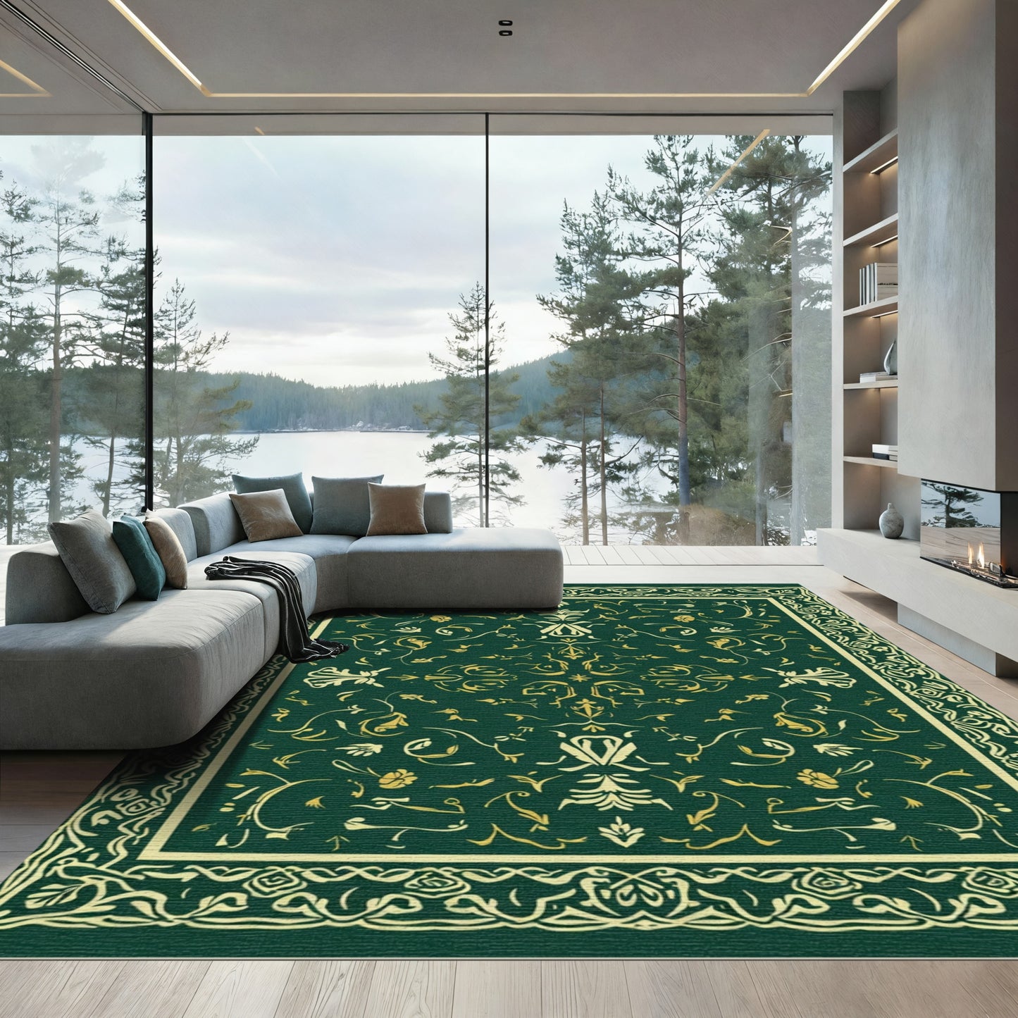 Elegant Green Floral Vine Medallion Rug