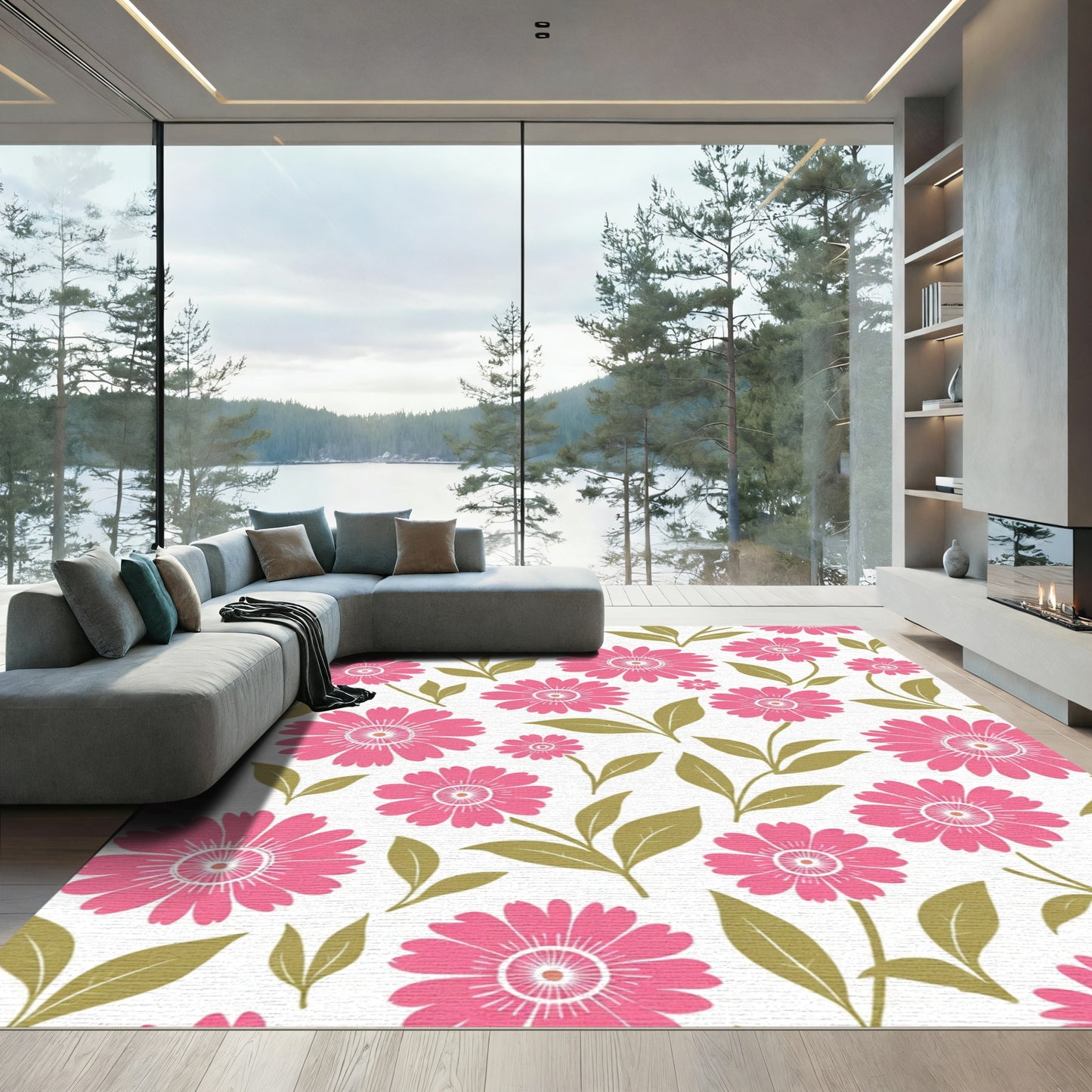 Pink Daisy Floral Garden Rug