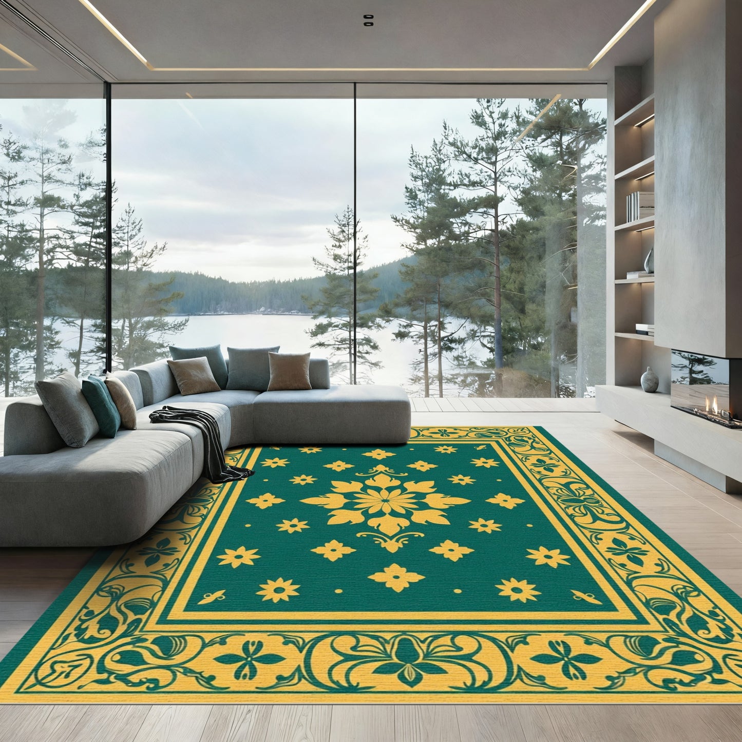 Majestic Teal Golden Floral Medallion Rug