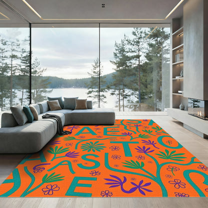 Orange Teal Botanical Alphabet Collage Rug