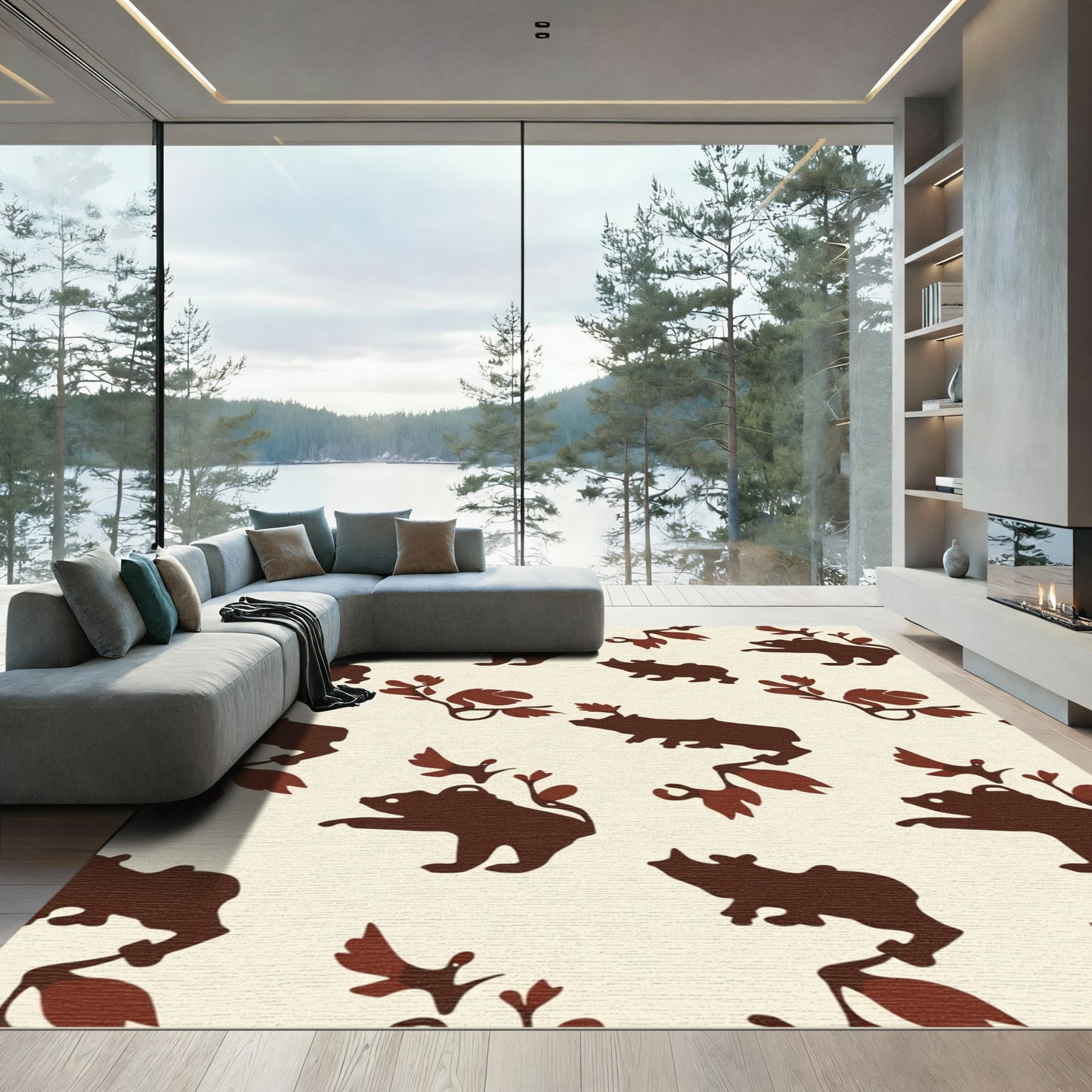 Rustic Brown Bear Foliage Composition Rug