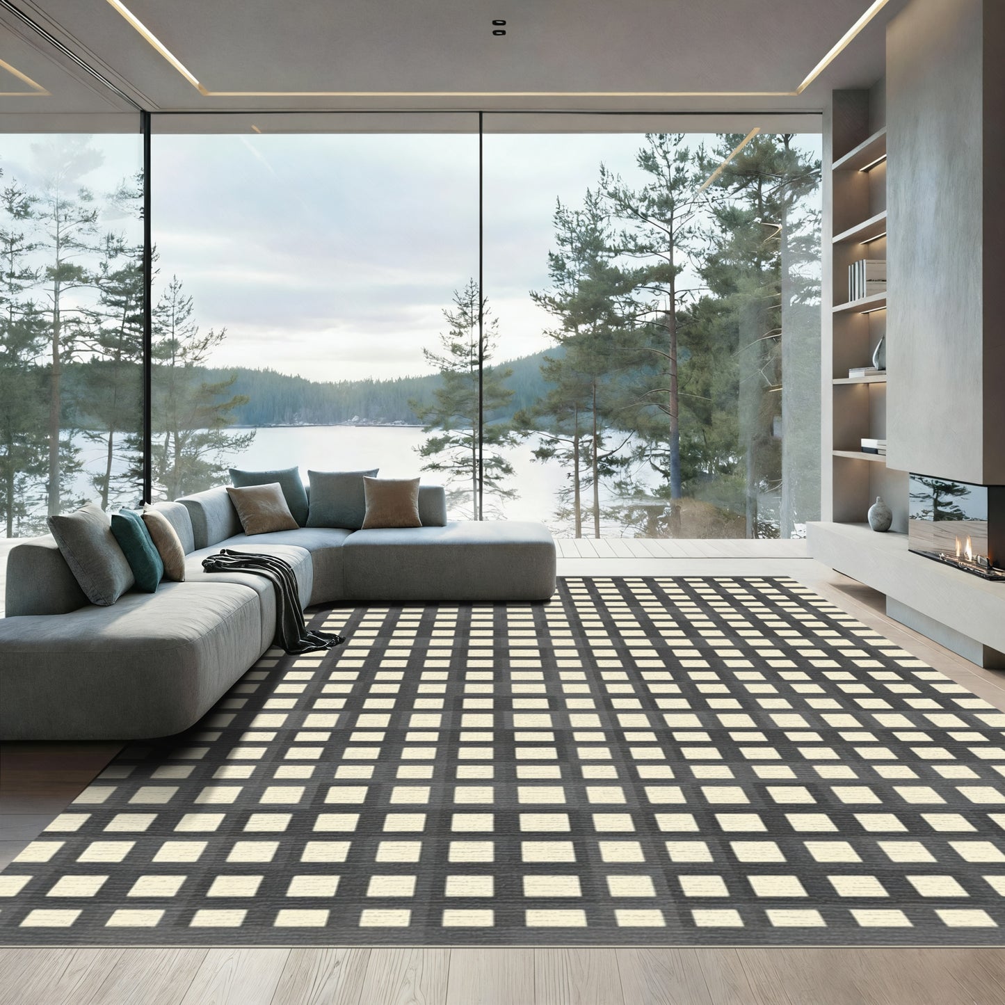 Gray Beige Textured Basketweave Squares Rug