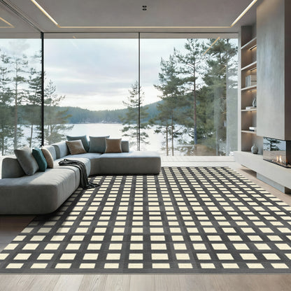 Gray Beige Textured Basketweave Squares Rug