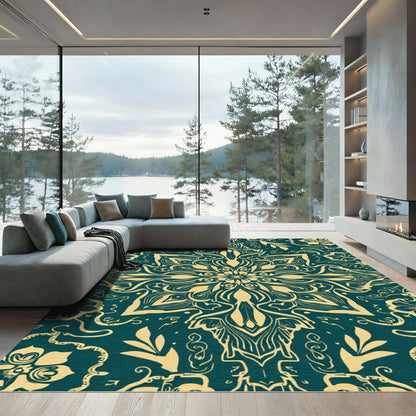 Golden Teal Mandala Floral Swirl Rug