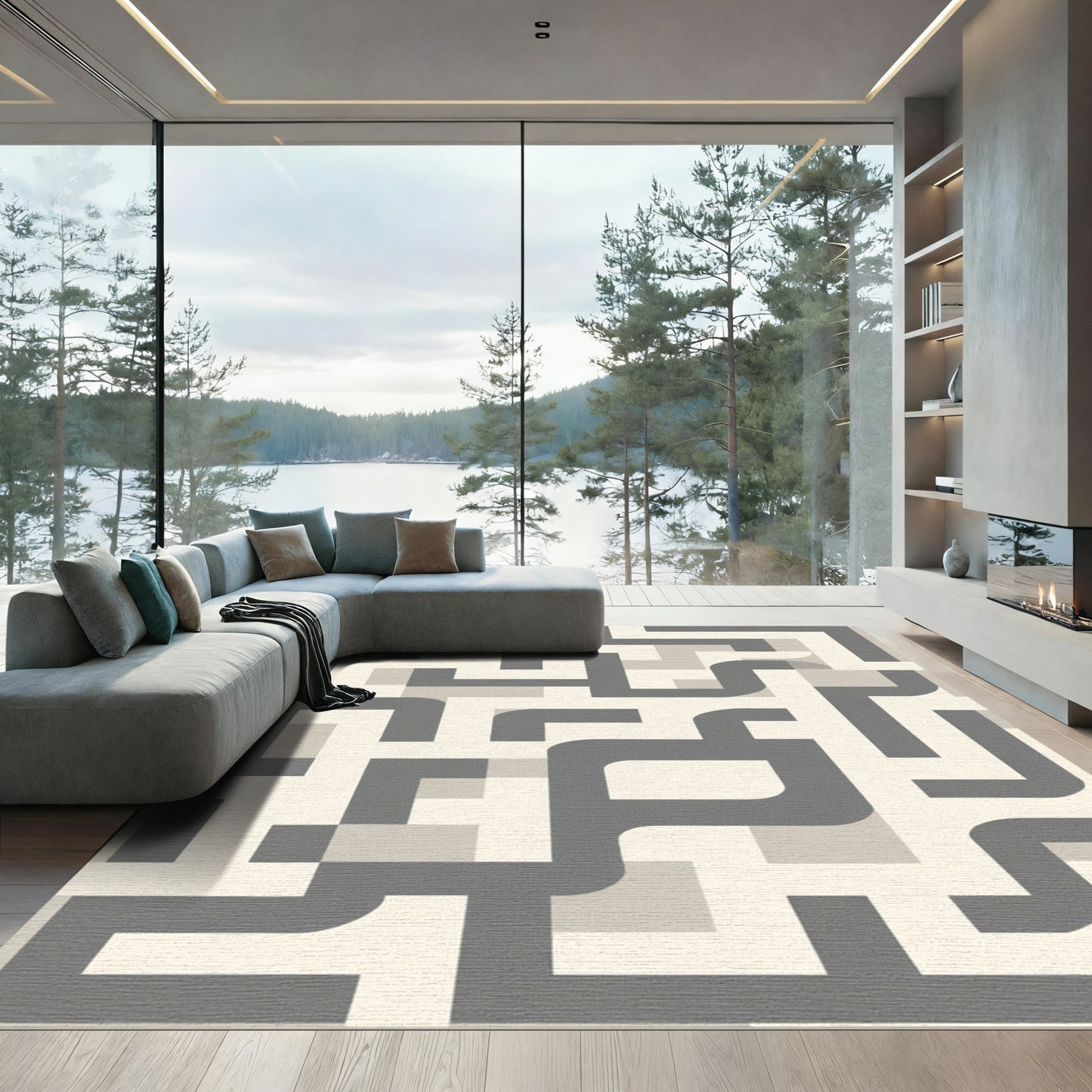 Modern Gray Maze Geometric Rug