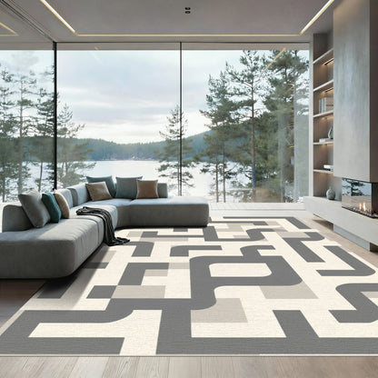 Modern Gray Maze Geometric Rug