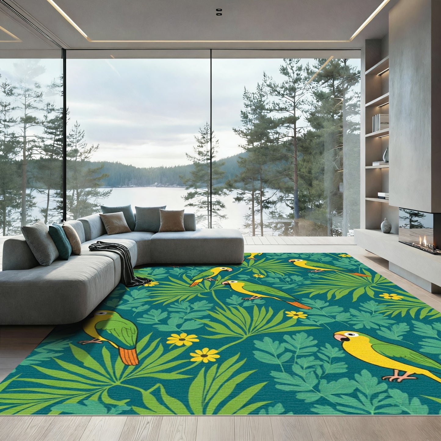 Tropical Parrot Collage Blue Green Rug