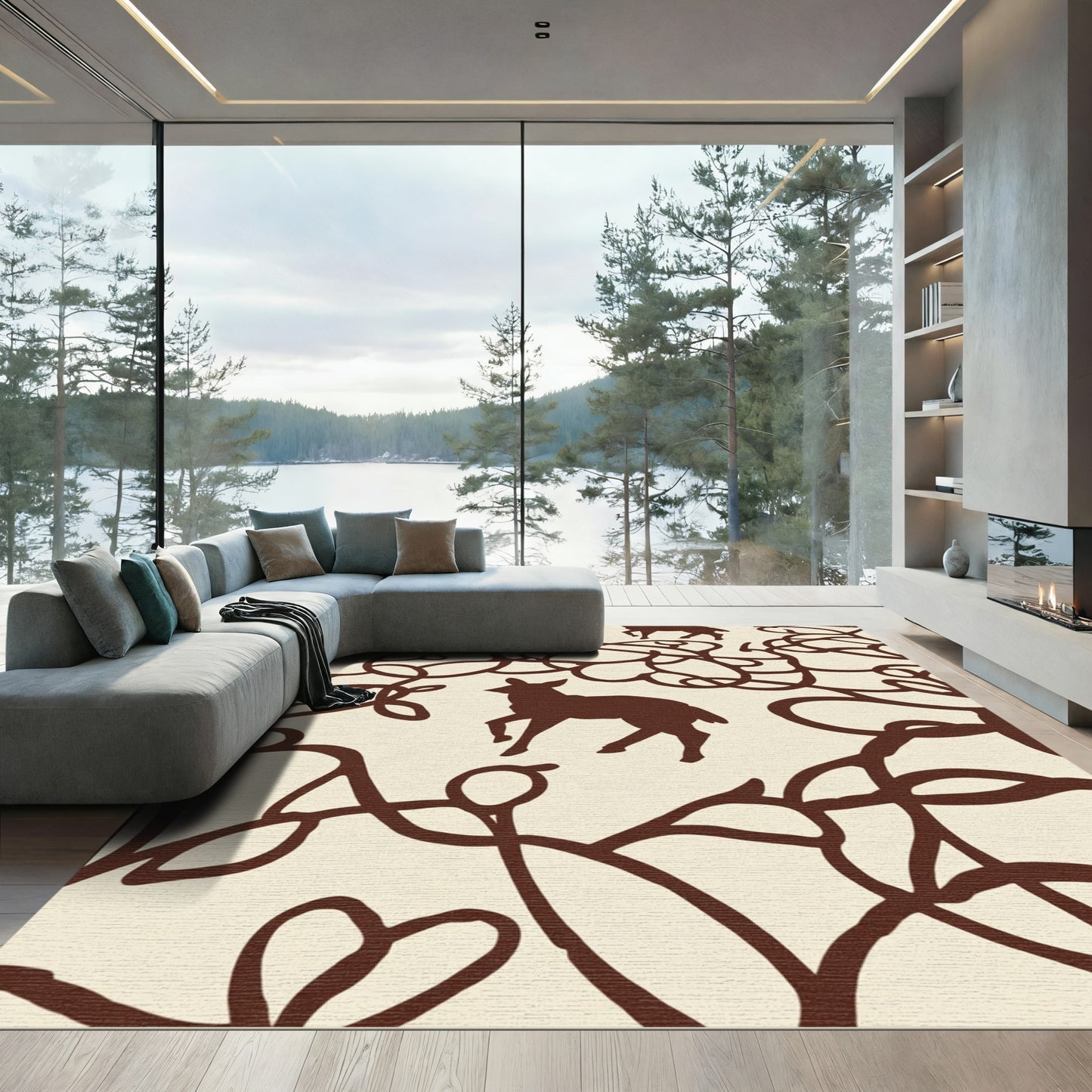 Brown Deer Forest Whimsical Line Art Rug