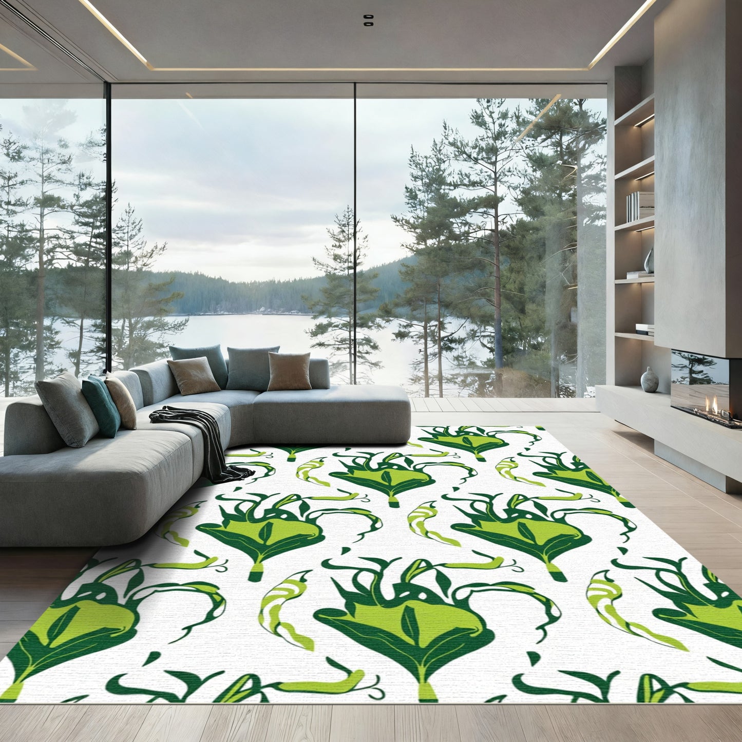 Emerald Green Art Nouveau Floral Rug
