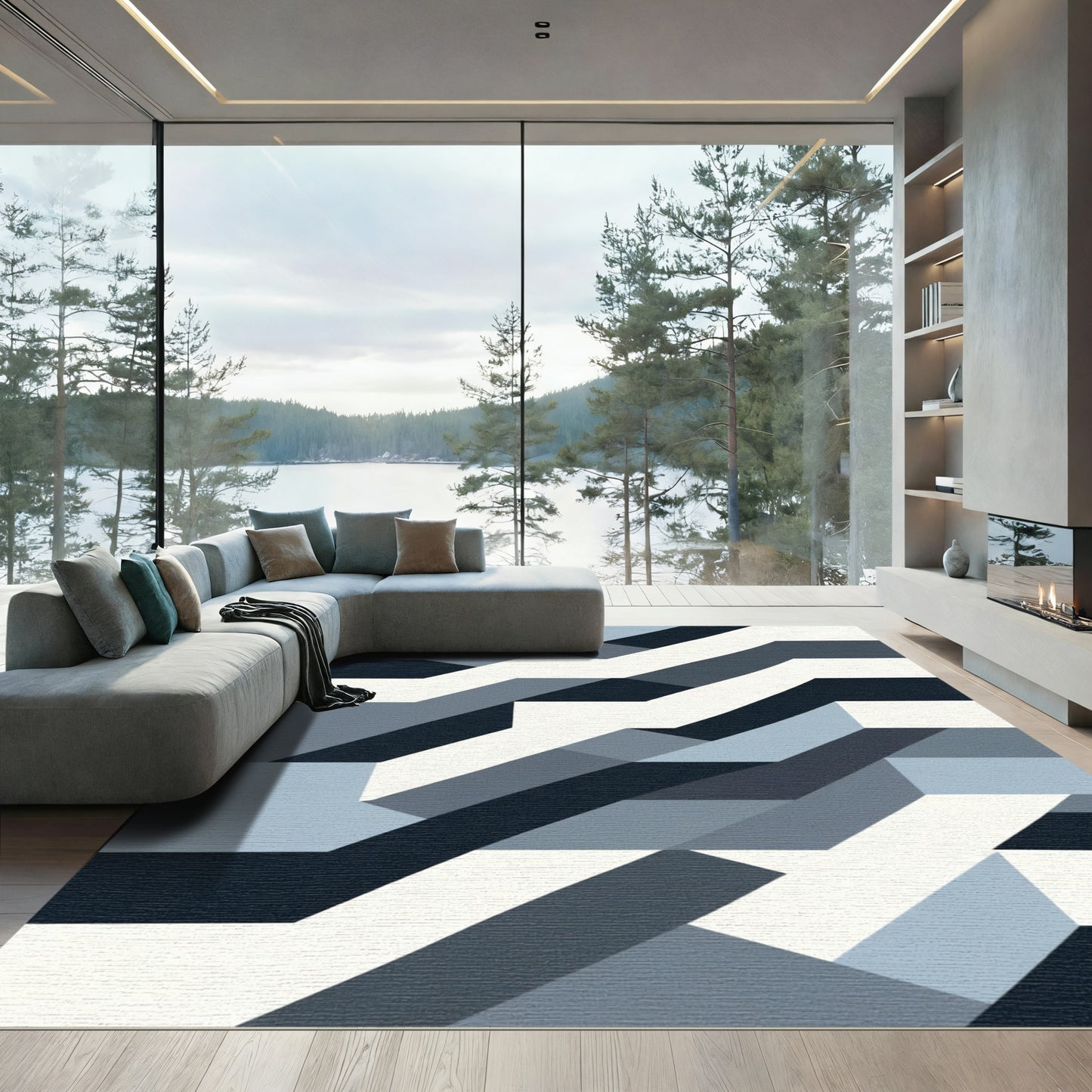 Abstract Geometric Blues with White Rug