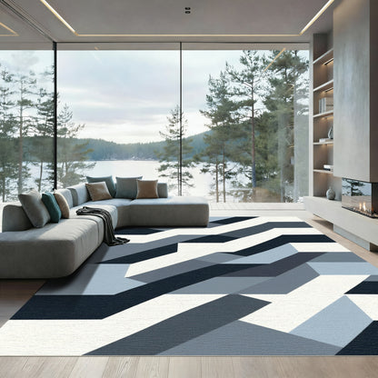 Abstract Geometric Blues with White Rug