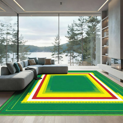 Abstract Green Yellow Red Layered Rug