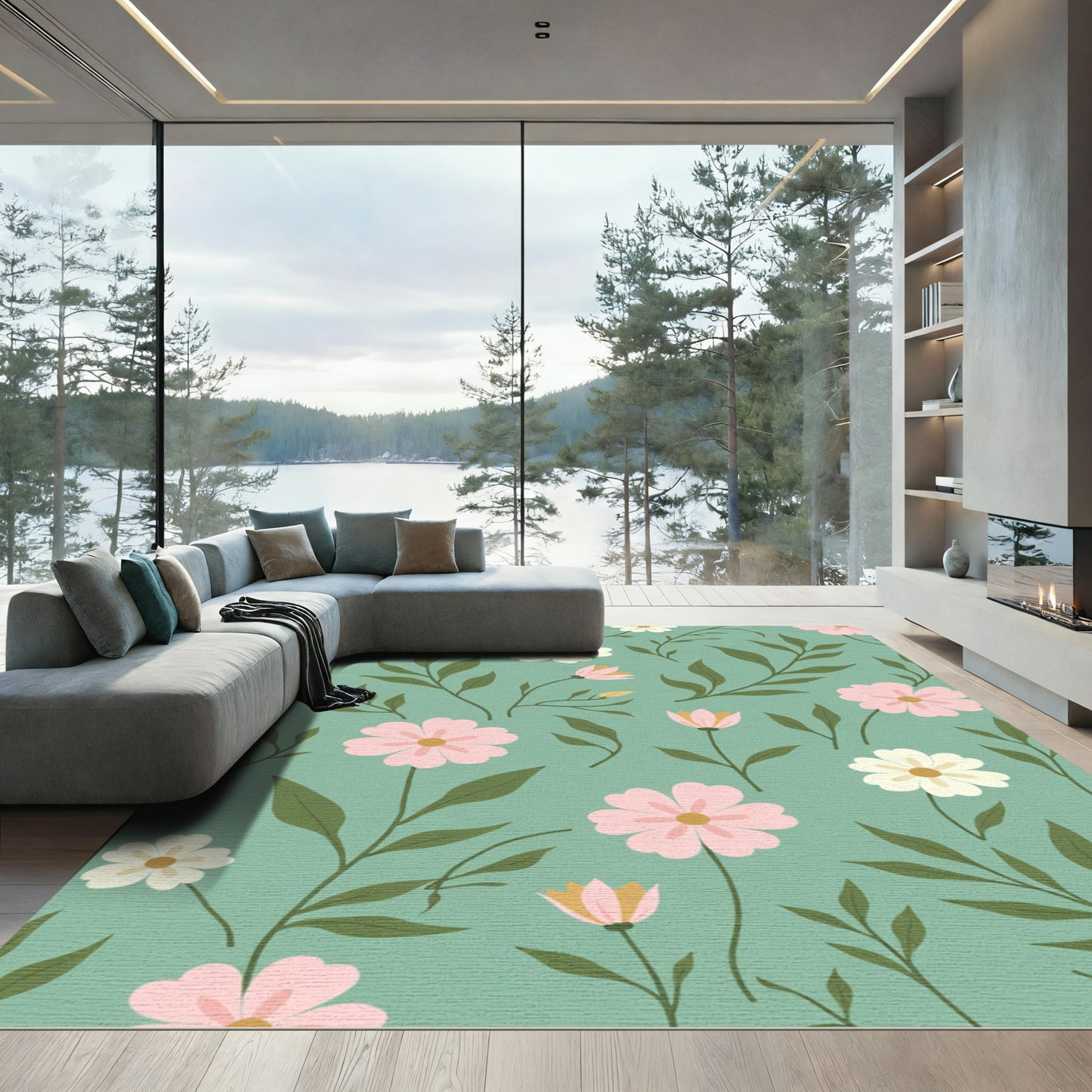 Pink Cream and Green Floral Sprinkle Rug