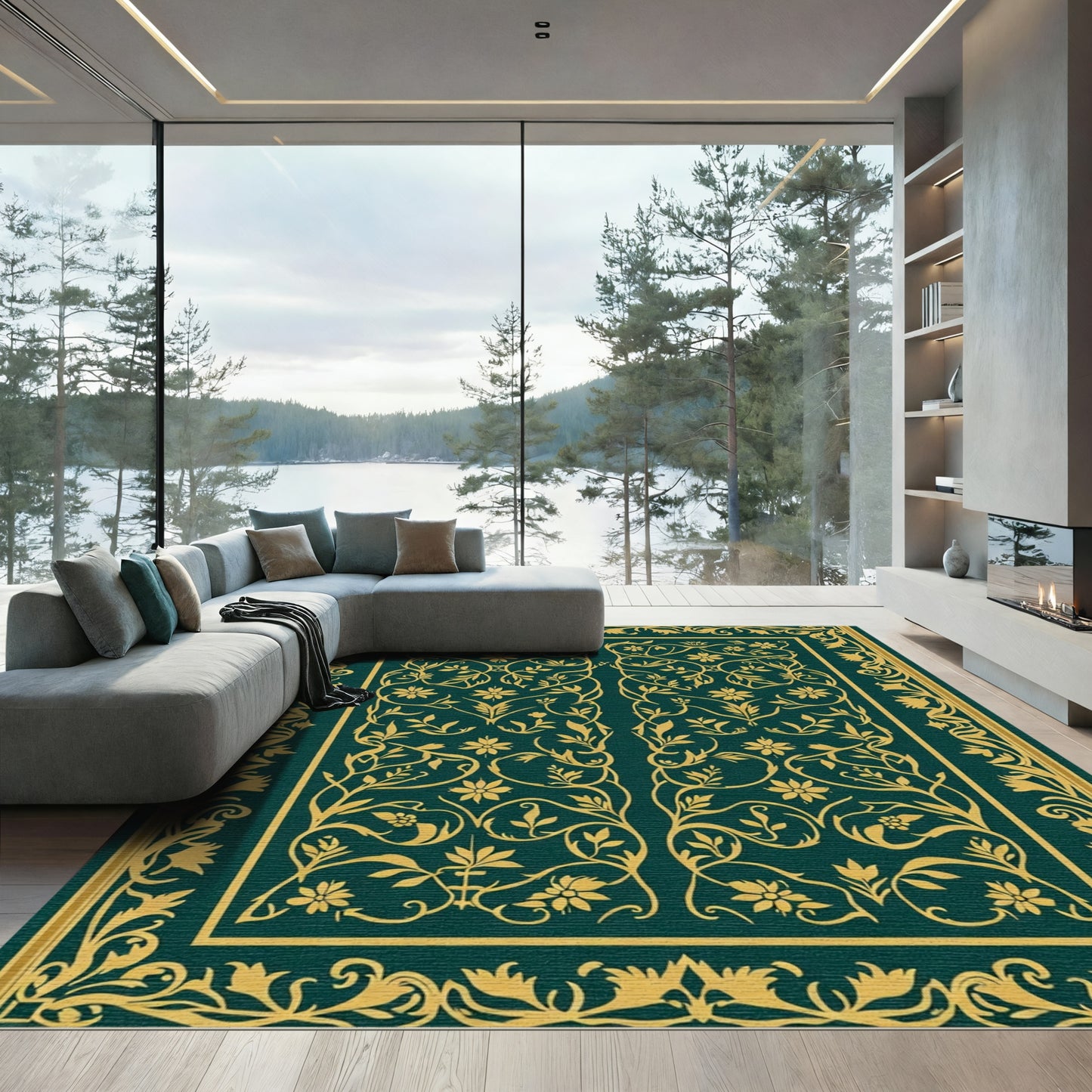 Dark Teal Golden Floral Vine Rug