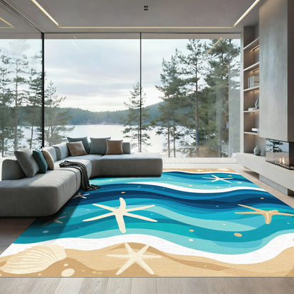 Coastal Blue Ocean Starfish Waves Rug