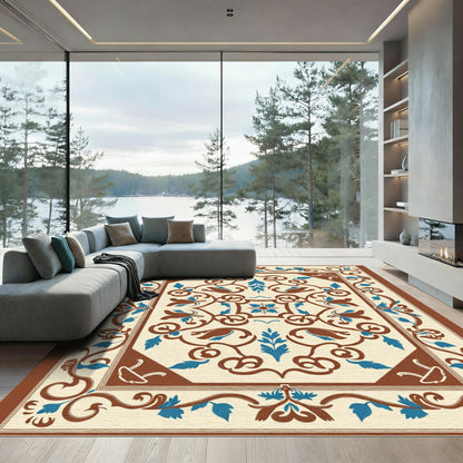 Brown Blue Floral Medallion Scrollwork Rug
