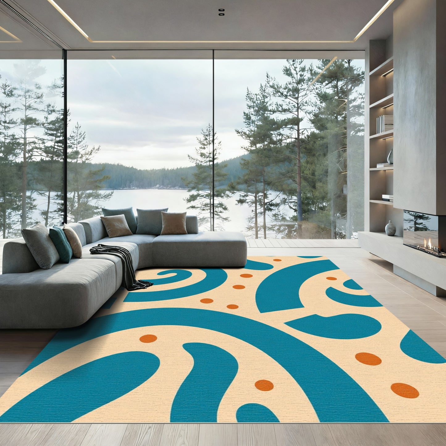 Teal Orange Abstract Swirl Dots Rug