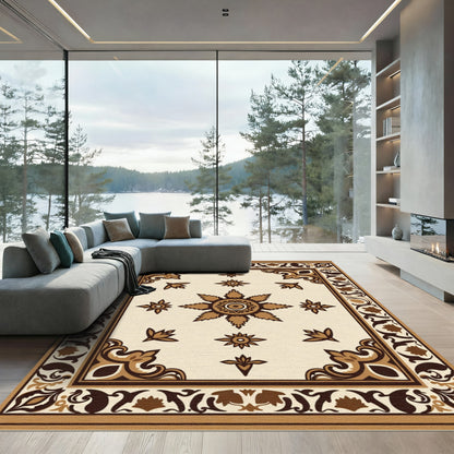 Cream Brown Floral Medallion Border Rug