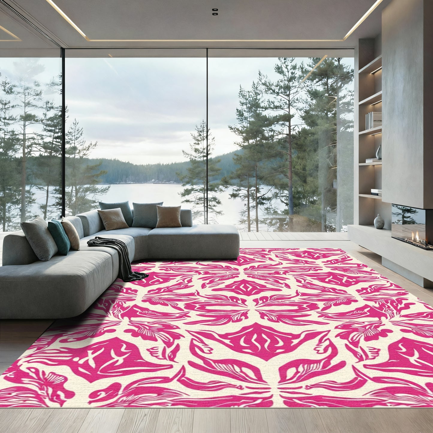 Bold Fuchsia Abstract Floral Symmetry Rug