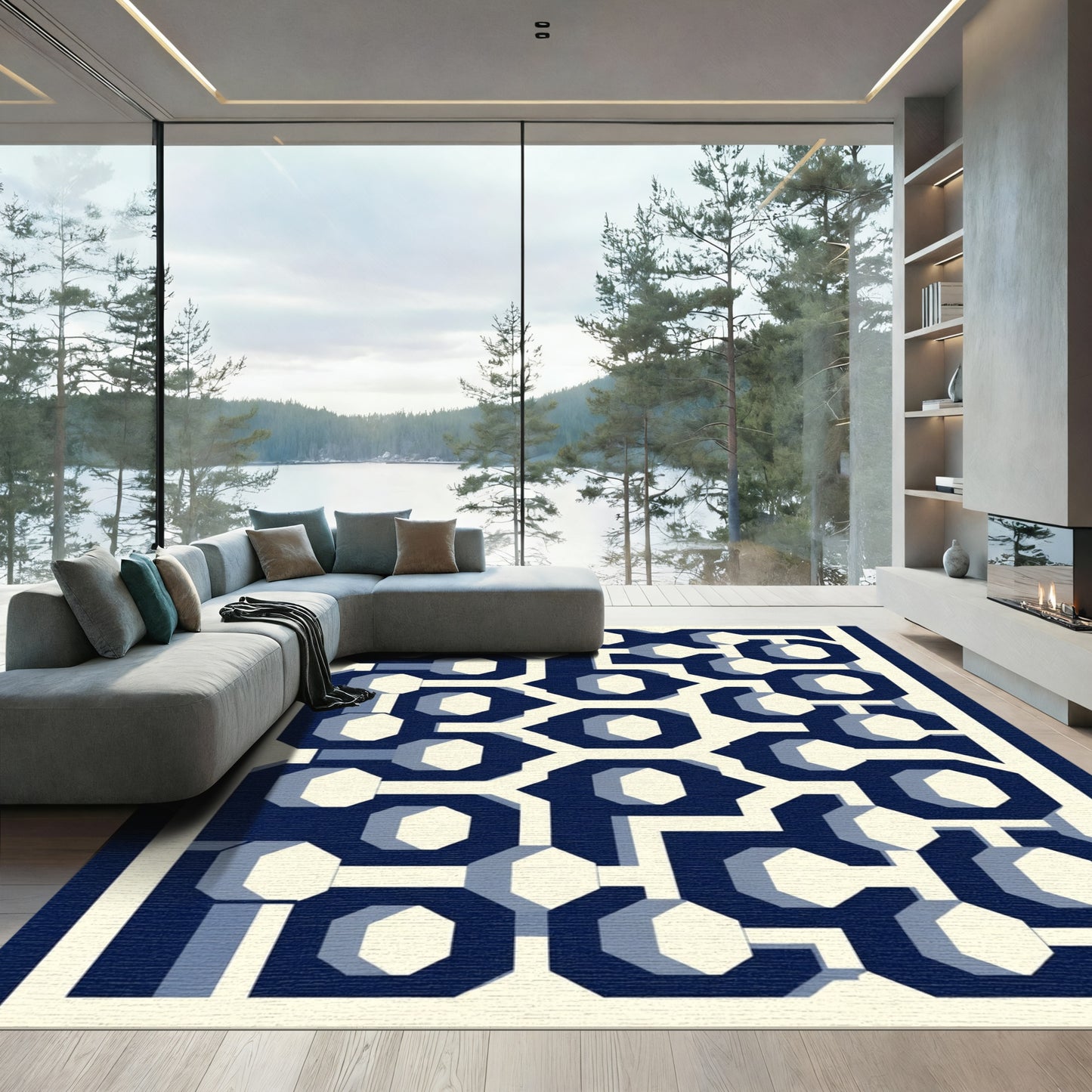 Navy Blue Geometric Octagon Maze Rug