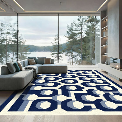 Navy Blue Geometric Octagon Maze Rug