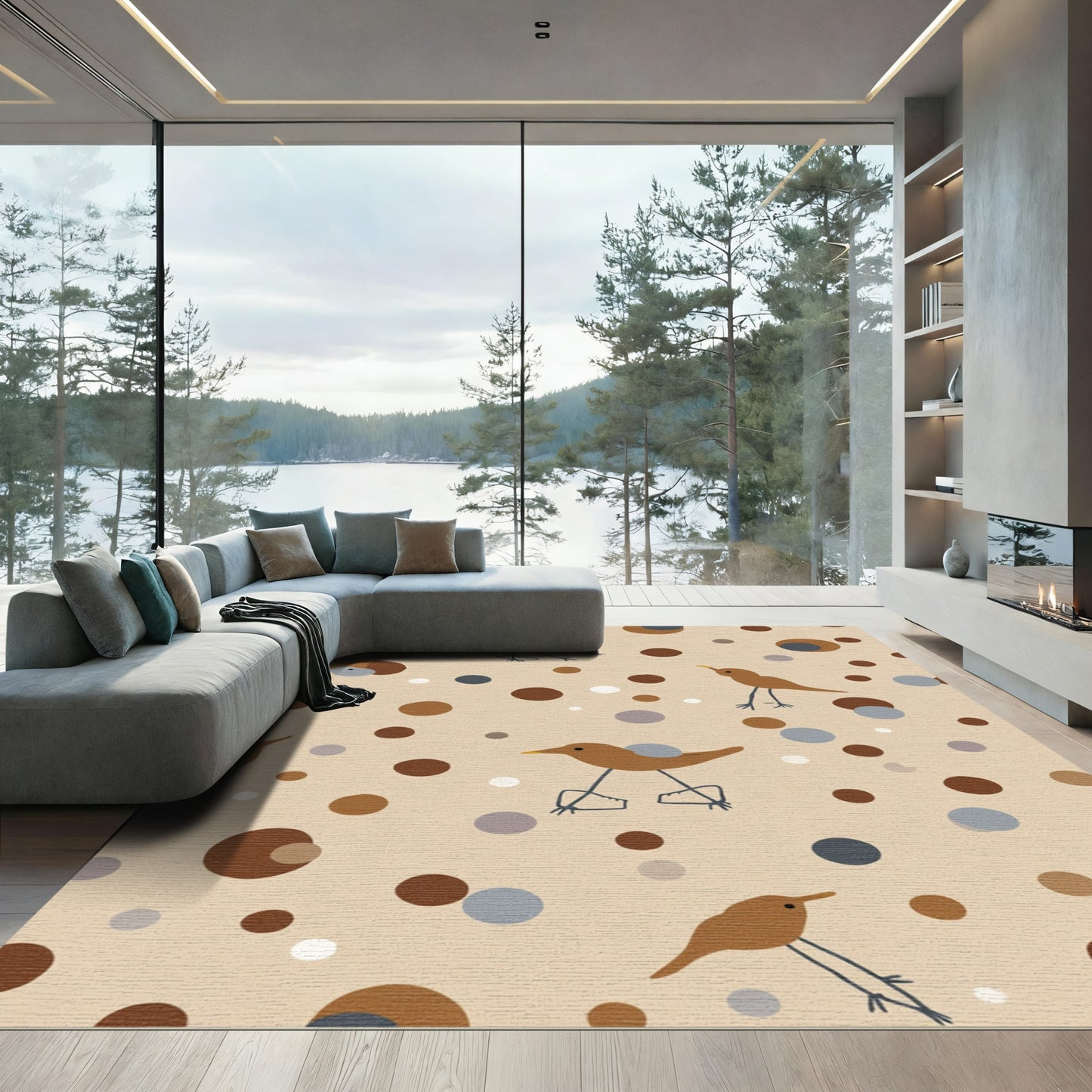 Whimsical Brown Bird Polka Dot Rug